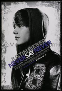 4d425 JUSTIN BIEBER: NEVER SAY NEVER b&w style int'l advance DS 1sh '11 cool image of the star!