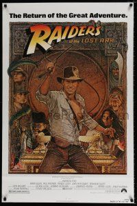 4d589 RAIDERS OF THE LOST ARK 1sh R82 great art of adventurer Harrison Ford by Richard Amsel!