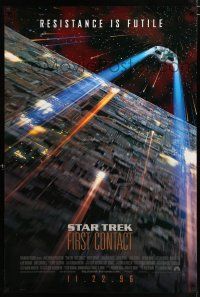 4d713 STAR TREK: FIRST CONTACT int'l advance 1sh '96 image of starship Enterprise above Borg cube!