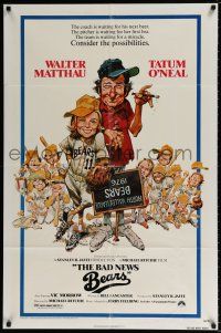 4f066 BAD NEWS BEARS 1sh '76 Walter Matthau coaches baseball player Tatum O'Neal, Jack Davis art!