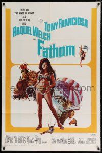 4f261 FATHOM 1sh '67 art of sexy nearly-naked Raquel Welch in parachute harness & action scenes!