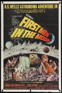 4f269 FIRST MEN IN THE MOON black style 1sh '64 Ray Harryhausen, H.G. Wells, fantastic sci-fi art!
