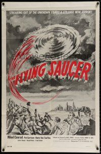 4f276 FLYING SAUCER 1sh '50 cool sci-fi artwork of UFOs from space & terrified people!