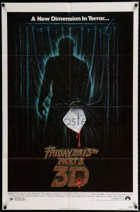 4f293 FRIDAY THE 13th PART 3 - 3D 1sh '82 slasher sequel, art of Jason stabbing through shower!