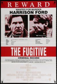 4f298 FUGITIVE recalled int'l 1sh '93 Harrison Ford is on the run, cool wanted poster design!