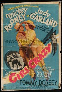 4f312 GIRL CRAZY style D 1sh '43 great art of Mickey Rooney & Judy Garland in cowboy hats!