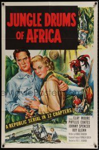 4f430 JUNGLE DRUMS OF AFRICA 1sh '52 Clayton Moore with gun & Phyllis Coates, Republic serial!