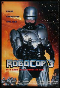 4f731 ROBOCOP 3 int'l DS 1sh '93 great close up of cyborg cop Robert Burke pointing gun!