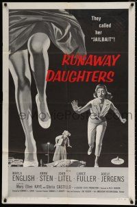 4f746 RUNAWAY DAUGHTERS 1sh '56 cool art of AIP bad girls, they called Marla English jailbait!