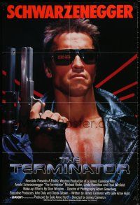 4f886 TERMINATOR int'l 1sh '84 close up of classic cyborg Arnold Schwarzenegger with gun!