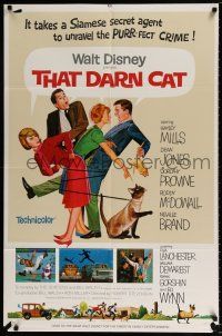 4f889 THAT DARN CAT style A 1sh '65 great art of Hayley Mills & Disney Siamese feline!