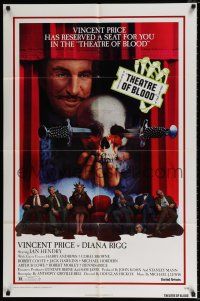 4f894 THEATRE OF BLOOD 1sh '73 great art of Vincent Price holding bloody skull w/dead audience!