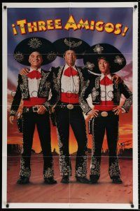 4f903 THREE AMIGOS int'l teaser 1sh '86 Chevy Chase, Steve Martin & Short, not coming for Christmas