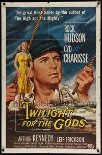 4f929 TWILIGHT FOR THE GODS 1sh '58 great artwork of Rock Hudson & sexy Cyd Charisse on beach!