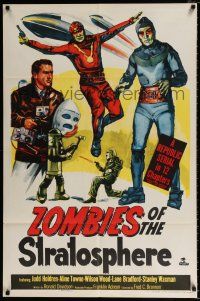 4f997 ZOMBIES OF THE STRATOSPHERE 1sh '52 great artwork image of aliens with guns!