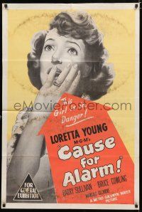 4g178 CAUSE FOR ALARM Aust 1sh '50 great huge close up image Loretta Young, and she is in trouble!