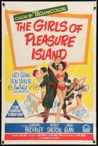 4g190 GIRLS OF PLEASURE ISLAND Aust 1sh '53 Leo Genn, Don Taylor, wacky art of soldiers w/sexy girls