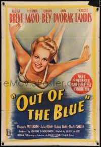 4g223 OUT OF THE BLUE Aust 1sh '47 sexy artwork of Virginia Mayo taking a dive!