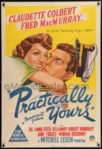 4g229 PRACTICALLY YOURS Aust 1sh '44 Claudette Colbert hugging Air Force pilot Fred MacMurray!