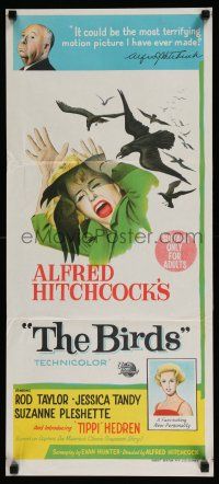 4g729 BIRDS Aust daybill '63 Alfred Hitchcock, Tippi Hedren, classic art of attacking avians!