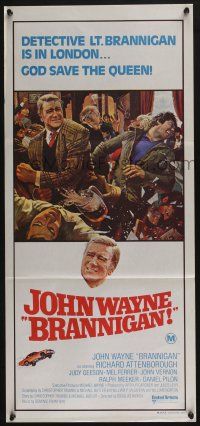 4g733 BRANNIGAN Aust daybill '75 great Robert McGinnis art of fighting John Wayne in England!