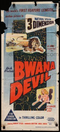 4g740 BWANA DEVIL Aust daybill '53 3-D art of a lion in your lap & a lover in your arms!