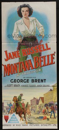 4g874 MONTANA BELLE Aust daybill '52 different stone litho of sexy Jane Russell w/ gun drawn!