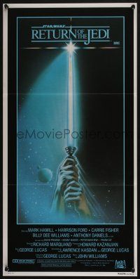 4g916 RETURN OF THE JEDI style A Aust daybill '83 George Lucas, best art of hands holding lightsaber