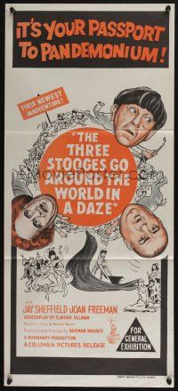 4g970 THREE STOOGES GO AROUND THE WORLD IN A DAZE Aust daybill '63 art of Moe, Larry & Curly-Joe!