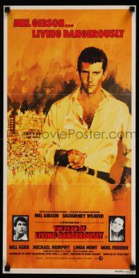 4g994 YEAR OF LIVING DANGEROUSLY Aust daybill '82 Peter Weir, great art of Mel Gibson by Stapleton!