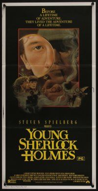 4g997 YOUNG SHERLOCK HOLMES Aust daybill '85 Steven Spielberg, Nicholas Rowe, cool detective art!