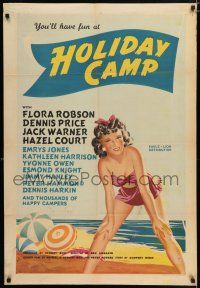 4g034 HOLIDAY CAMP English 1sh '47 full-length art of sexy young woman in swimsuit at beach!