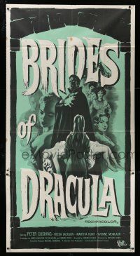 4j329 BRIDES OF DRACULA 3sh '60 Terence Fisher, Hammer, Peter Cushing as Van Helsing, cool art!