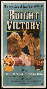 4j331 BRIGHT VICTORY 3sh '51 close up of blind Arthur Kennedy kissing pretty Peggy Dow!