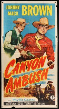 4j337 CANYON AMBUSH 3sh '52 great image of cowboy Johnny Mack Brown protecting Phyllis Coates!