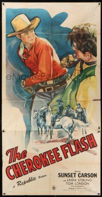 4j346 CHEROKEE FLASH 3sh '45 huge full-length art of cowboy hero Sunset Carson punching bad guy!