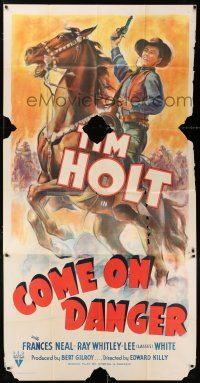 4j351 COME ON DANGER 3sh '42 cool art of cowboy hero Tim Holt with gun on rearing horse!