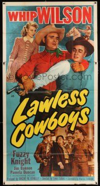 4j527 LAWLESS COWBOYS 3sh '51 great huge image of Whip Wilson restraining bad guy with gun!