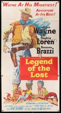 4j528 LEGEND OF THE LOST 3sh '57 art of John Wayne & sexy Sophia Loren, Sahara adventure!