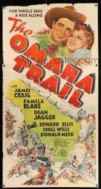 4j599 OMAHA TRAIL 3sh '42 artwork of cowboy James Craig & Pamela Blake, wagon train attack!