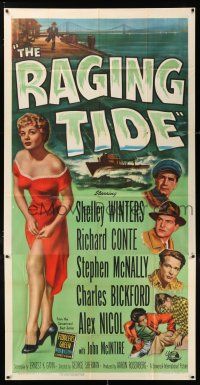 4j623 RAGING TIDE 3sh '51 full-length art of sexy bad girl Shelley Winters & ship in ocean!