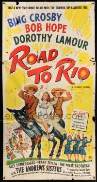 4j634 ROAD TO RIO 3sh '48 great art of Bing Crosby, Bob Hope & Dorothy Lamour on donkey!