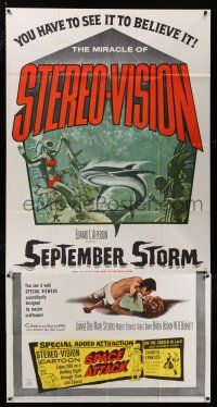 4j649 SEPTEMBER STORM 3sh '60 art of sexy scuba diver attacked by shark, in Stereo-Vision!