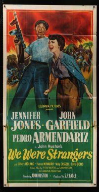 4j728 WE WERE STRANGERS 3sh '49 Jennifer Jones & John Garfield with gun, directed by John Huston
