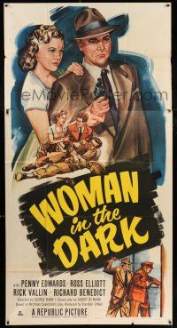 4j735 WOMAN IN THE DARK 3sh '51 cool art of Penny Edwards with detective Ross Elliot pointing gun!