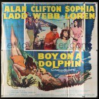 4j195 BOY ON A DOLPHIN 6sh '57 art of Alan Ladd & sexiest Sophia Loren swimming underwater!