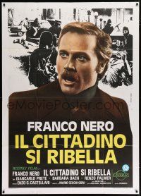 4j180 STREET LAW Italian 1p '80 close up of shocked Franco Nero + masked criminals in background!
