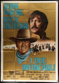4j093 UNDEFEATED Italian 2p '69 John Wayne & Rock Hudson, different art by Franco Fiorenzi!