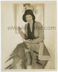 4m481 JOAN CRAWFORD 8x10 still '32 smiling seated portrait in flapper hat & doing cross stitch!