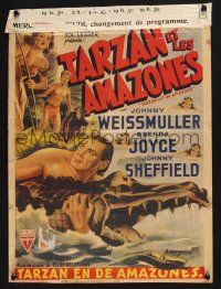 4p465 TARZAN & THE AMAZONS Belgian '47 art of Weissmuller wrestling croc + Joyce & Sheffield!